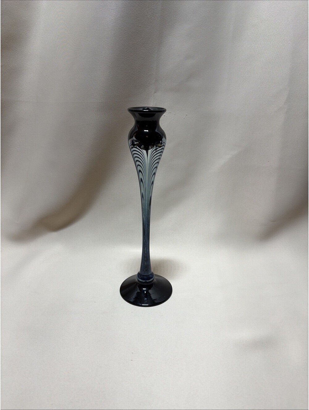 Steven Correia Signed Black Silver Blue Glass Pulled Feather Bud Vase
